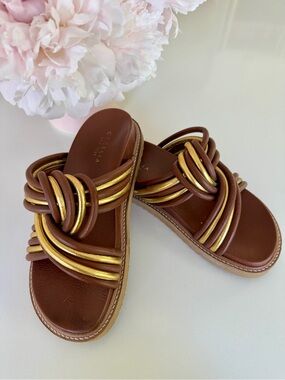 Anthropologie x Cecelia New York Brown & Gold Knotted Slide Sandals